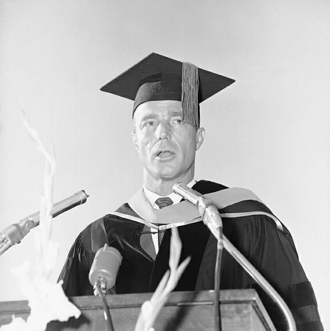 In recognition of his heroic accomplishments as an astronaut and pilot of the space craft Aurora 7, M. Scott Carpenter, formerly of Boulder, Colorado was awarded the Norlin Award for distinguished achievement. Carpenter, clad in cap and gown at the University of Colorado graduation ceremony in Boulder on Friday, June 8, 1962, jokingly quipped that it had taken him twenty years to graduate and get his Bachelor of Science degree from Colorado University.