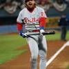 Philadelphia Phillies first baseman John Kruk is struck out in the third inning for the second time by Atlanta Braves pitcher John Smoltz in Game 4 of the NLCS, Sunday, Oct. 10, 1993, Atlanta, Ga. 