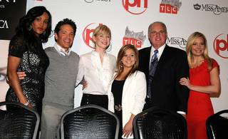 The judges of the 2010 Miss America Pageant Vivica A. Fox, Dave Koz, Brooke White, Shawn Johnson, Rush Limbaugh and Katie Harman attend a news conference at Planet Hollywood on Jan. 27, 2010.