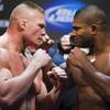 Heavyweight Brock Lesnar, left, and Alistair Overeem during the UFC 141 weigh-in at the MGM Grand Garden Arena Thursday, Dec. 29, 2011. Heavyweight Brock Lesnar, left, and Alistair Overeem during the UFC 141 weigh-in at the MGM Grand Garden Arena Thursday, Dec. 29, 2011.