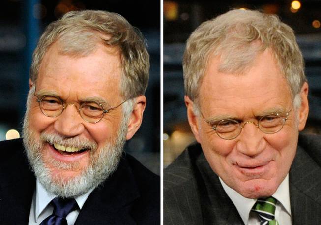 In this combination of two photos made available by CBS, David Letterman is shown on the set of "The Late Show with David Letterman" in New York before and after shaving his beard. In the Jan. 2, 2008 file photo, left, Letterman is seen on his first night back to the show since the start of the Writers Guild of America strike. At right, Letterman is shown after having his beard shaved off on-air during the program Monday, Jan. 7, 2008.