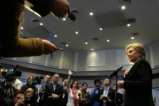 Sen. Hillary Clinton takes questions from reporters after a discussion Wednesday at UNLV about the proposed nuclear waste dump at Yucca Mountain. Clinton and her Democratic rivals all oppose it.