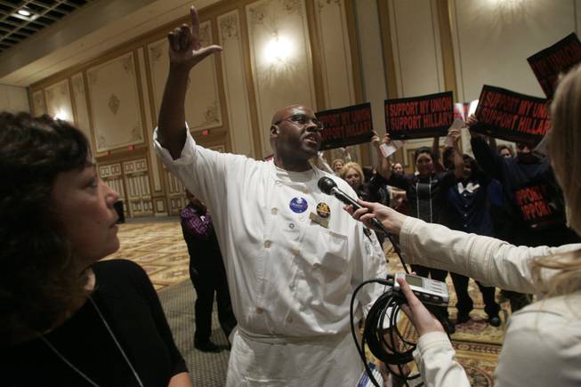 Bally's cook Ray Wadsworth criticizes Clinton supporters at the Paris Las Vegas at large caucus site Saturday, Jan. 19, 2008. 