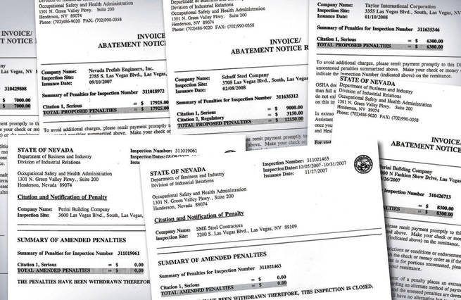 Documentation shows that the Nevada Occupational Safety and Health Administration found safety violations in the deaths of several workers, but after conferences with employers, many were reduced or withdrawn.