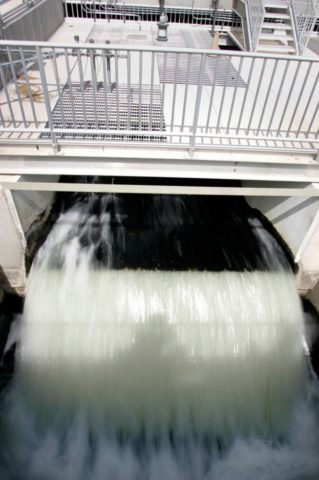 Treated water flows out of the plant. For a community urinalysis study, drops of untreated wastewater were collected incrementally over 24 hours on March 20 and tested for the presence of drugs.