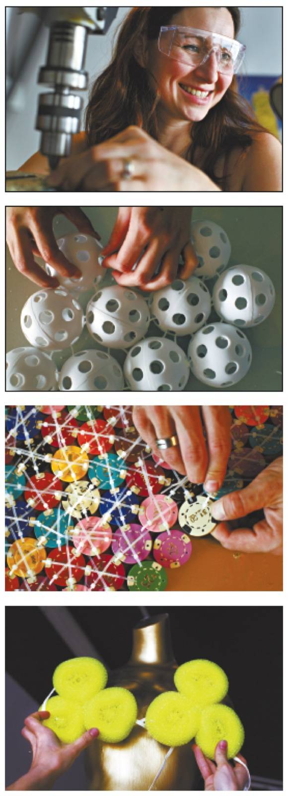 Barcus-Slonina, top, works on her installation "99 Cents Only Dress Shop." The dresses include a whiffleball dress, a casino chip dress and a sponge dress. She says she starts with an attraction to objects, then plays with them to see how they work in a sculpture.