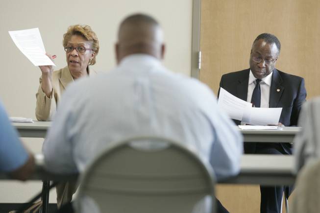 Las Vegas-Clark County Urban League Chairwoman Marie Ray and Executive Director Ray Clarke lead a meeting discussion April 23.