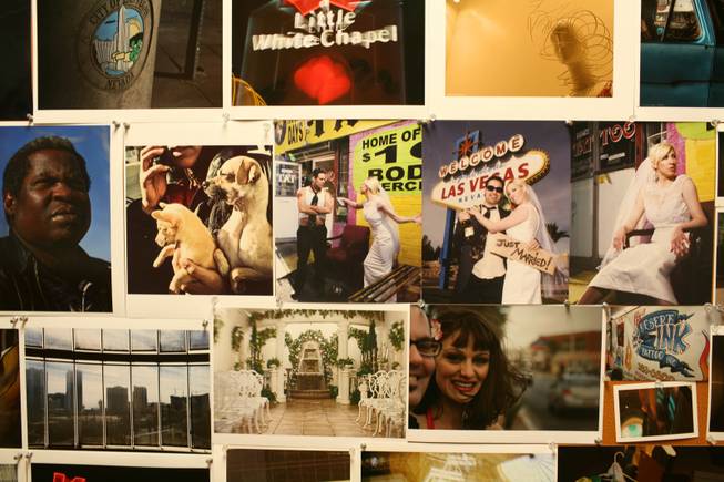 Photos for Protz's class hang outside the classroom at the College of Southern Nevada. Each student is completing a project on a subject of his choice in Las Vegas. They seem to relish the freedom to experiment the class provides.