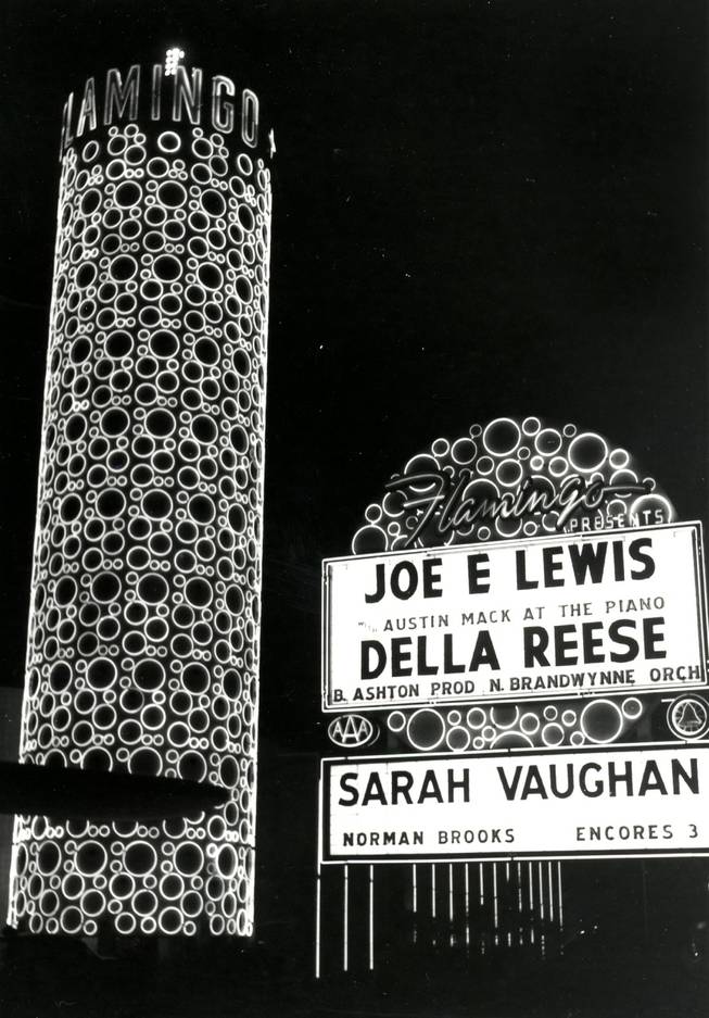 The Flamingo's Champagne Tower and glittering marquee advertises upcoming entertainment acts at the swanky casino. Meyer Lansky was a major backer at the resort - both before and after his good buddy, Benjamin "Bugsy" Siegel, was murdered in 1947.