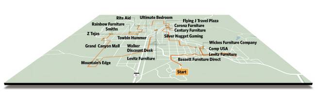 <strong>CORRECTION:</strong> A map that accompanied a story in Monday's Sun about the economic slowdown in the Las Vegas Valley incorrectly named six businesses that were not among the ones mentioned in the story as struggling or shuttered. The map was plotted by the reporter to identify businesses he would visit during his reporting. After his drive around town, he sent an e-mail to the graphic artist instructing him to remove the names of businesses that, it turned out, would not have a role in the story. That e-mail was misunderstood by the artist, who did not remove the names of the businesses, which are open and operating. Those businesses are Basset Furniture Direct, Century Furniture, Corona Furniture, Flying J Travel Plaza, Silver Nugget Gaming and Walker Discount Desk.