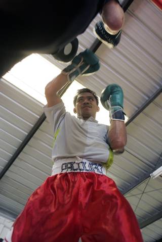 Manny Pacquiao hits pads held by trainer Freddie Roach as he works out at a local gym.