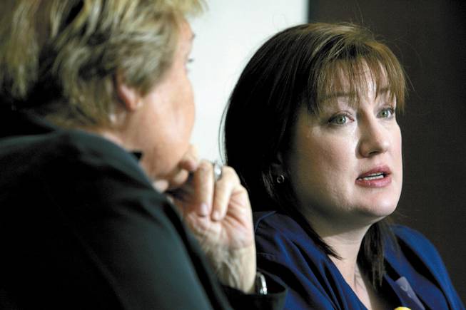 Shauna Hamel, right, SEIU Nevada's successor to Vicky Hedderman as president, responds to a question during an interview at the Las Vegas Sun in May as Helen Miramontes, a past president of the California Nurses Association, listens.
