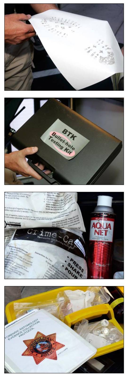 From top, technicians use a "vinyl lifter" to retain a footprint image; a kit that detects copper or lead traces around a possible bullet hole; Crime-Cast, for making casts, and hair spray to stabilize footprints or tire tracks; and a forensic entomology kit for collecting bugs.
