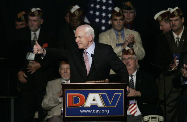 John McCain warms up the crowd of disabled veterans Saturday, Aug. 9, 2008, at Bally's. The veterans also heard from Sen. Barack Obama, by videotape.