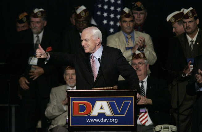 John McCain warms up the crowd of disabled veterans Saturday, Aug. 9, 2008, at Bally's. The veterans also heard from Sen. Barack Obama, by videotape.