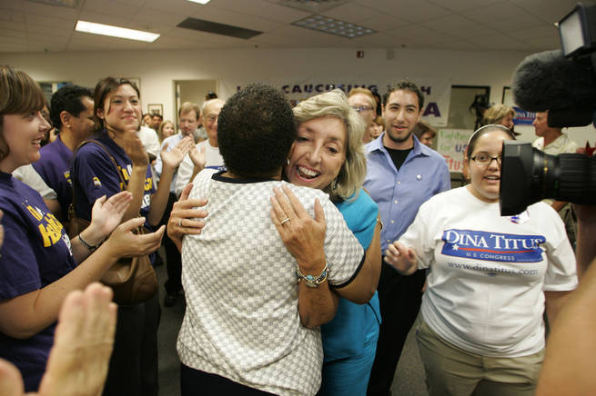 State Sen. Dina Titus, D-Las Vegas, who is running for Congress against Rep. Jon Porter, R-Nev., greets supporters at a primary election night party in Henderson.