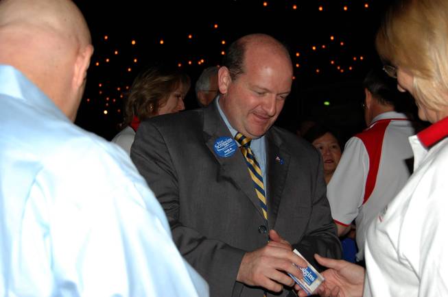 Clark County Commission District A candidate Brian Scroggins talked with constituents at the Republican watch party at Stoney's on election night.  