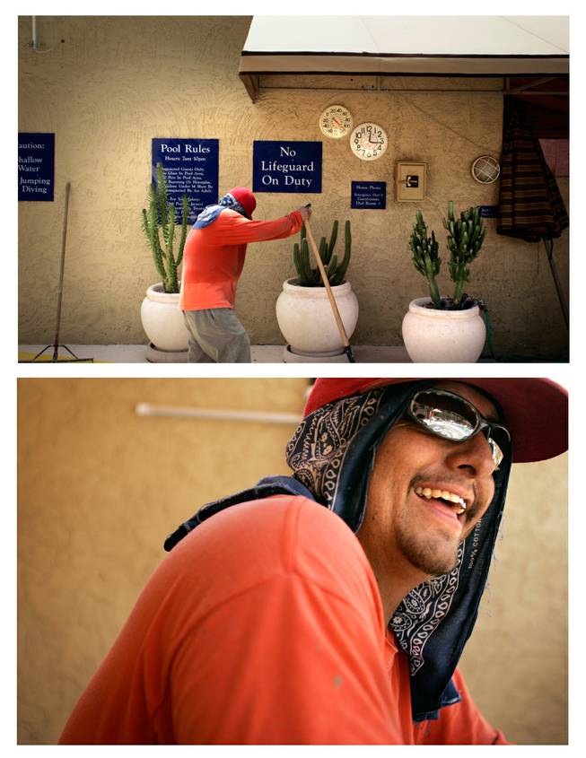 If you look closely, you can see the thermometer in background reads somewhere between 110 and 120 degrees while Eduardo Fuentes Ruvalcaba works on the demolition of a hot tub in the pool area at the Best Western Hotel & Suites in northern Phoenix. Ruvalcaba was born in Mexico but has lived in Mesa, Ariz., for 17 years. He says he will vote for Barack Obama for president in November. "He thinks like us," explained Ruvalcaba, while sweeping the area around the hot tub of dust and broken rock. -- Leila Navidi
