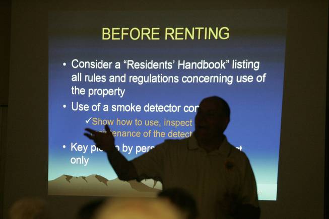 
Metro Police crime prevention specialist Ed Daley speaks to small landlords at a seminar Wednesday about the importance of screening potential renters by checking their criminal, employment and credit histories: Set high standards, and allow no exceptions.