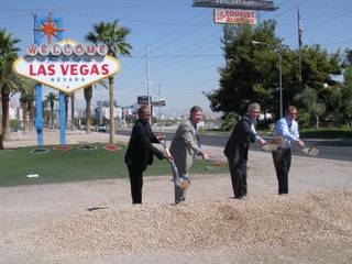 Clark County Commissioners from left to right: Lawrence Weekly, Chip Maxfield, Rory Reid and Bruce Woodbury break ground on the new parking lot in front of the famous 