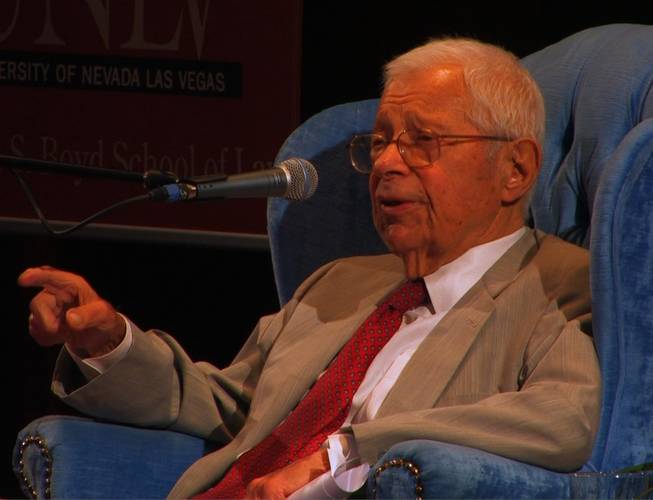 Ninety-four-year-old Daniel Schorr, longtime journalist and National Public Radio's senior news analyst, spoke Thursday, Sept. 11, 2008, at UNLV on the topic "Forgive Us Our Press Passes," as part of the "Peace in the Desert" lecture series sponsored by UNLV's Saltman Center for Conflict Resolution.