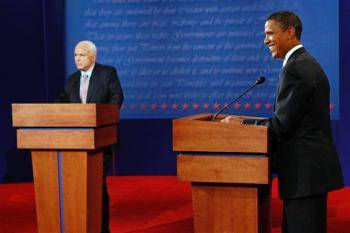 Republican presidential nominee Sen. John McCain, R-Ariz., and Democratic presidential nominee Sen. Barack Obama, D-Ill., participate in the first presidential debate at the University of Mississippi in Oxford, Miss., Friday.