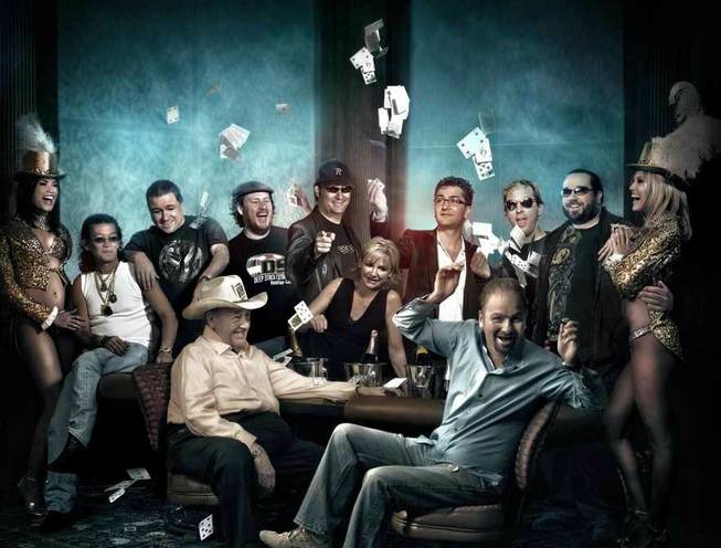 Small-time players can try their luck with poker pros in the new interactive poker show, "The Real Deal!" From left to right in the back row: Scotty Nguyen, Eli Elezra, Gavin Smith, Phil Hellmuth Jr., Antonio Esfandiari, Phil Laak, Todd Brunson. On the table is Jennifer Harman. In the front are Doyle Brunson and Daniel Negreanu.