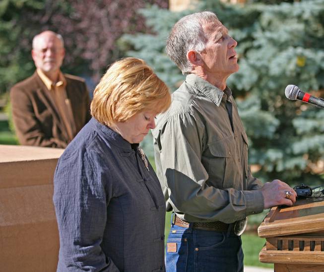 Judy and Phillip Shepard, parents of the late Matthew Shepard, become emotional while speaking during the Matthew Shepard Memorial Bench dedication Saturday, Sept. 27, 2008 in Laramie, Wyo. University of Wyoming president Tom Buchanan stands in the background. Matthew Shepard was killed as part of an anti-gay hate crime 10 years ago this October.
