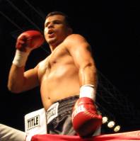 Welterweight boxer Gabe Del Real salutes his large legion of fans after recording a first-round knockout in his pro debut Tuesday night at the Silver Nugget.