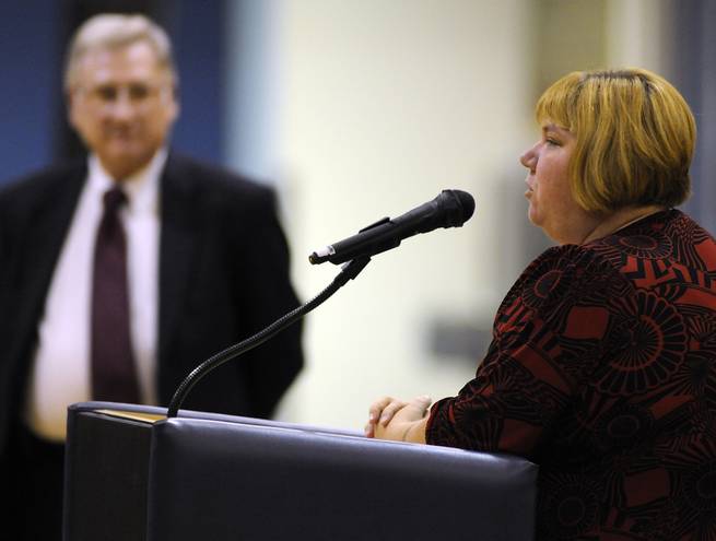 Clark County School Board Trustee District A candidate Deanna Wright, right, addresses fellow candidate Dr. Edward Goldman during a public forum Tuesday, Oct. 7, at Bob Miller Middle School.