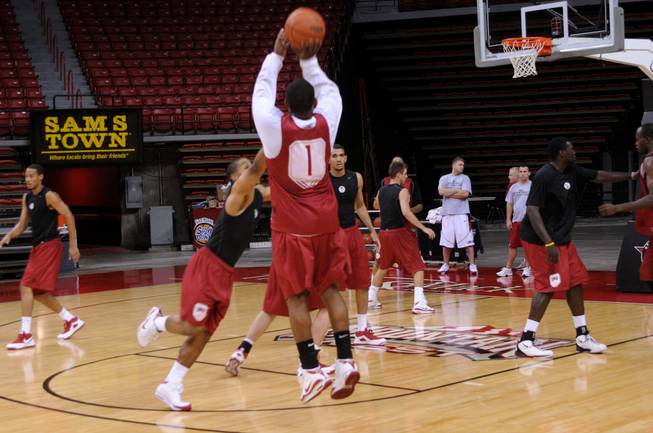 UNLV senior guard Wink Adams fires a shot during a post-practice scrimmage earlier this week at the Thomas & Mack Center. Adams enters his final season as the Rebels' 13th all-time leading scorer with a realistic chance to climb as high as second once this year is through, but he doesn't mind flying under the radar on the national scene.