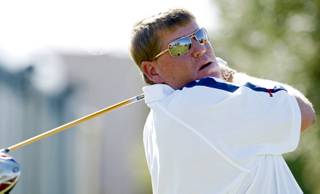 John Daly hits a tee shot on the ninth hole during the Justin Timberlake Shriners Hospitals for Children Open at TPC Summerlin in Las Vegas on Thursday, Oct. 16, 2008.