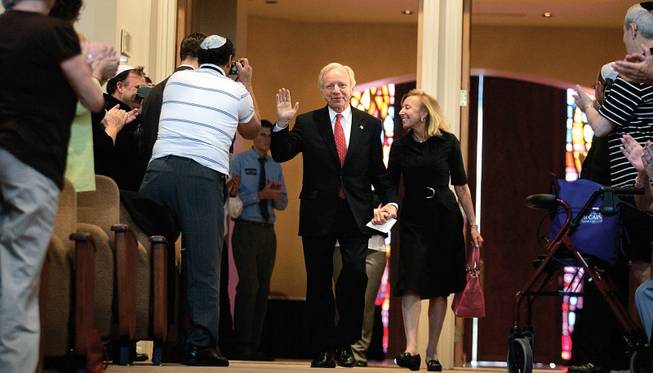 Connecticut Sen. Joe Lieberman greets congregants last month at Temple Beth Sholom. Notable Las Vegans including U.S. Rep. Shelley Berkley, Las Vegas Mayor Oscar Goodman, longtime developer Irwin Molasky and boxing promoter Bob Arum attend the synagogue.
