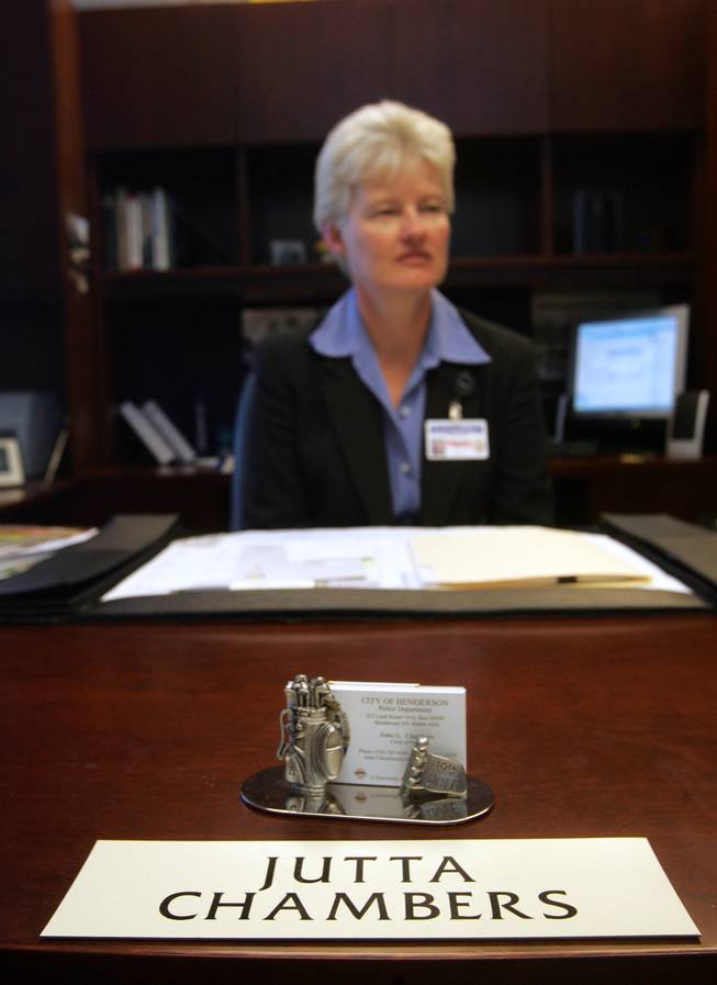 Jutta Chambers sits at her desk at the Henderson Police Department. Afte 25 years with the department, she was appointed its chief in September.