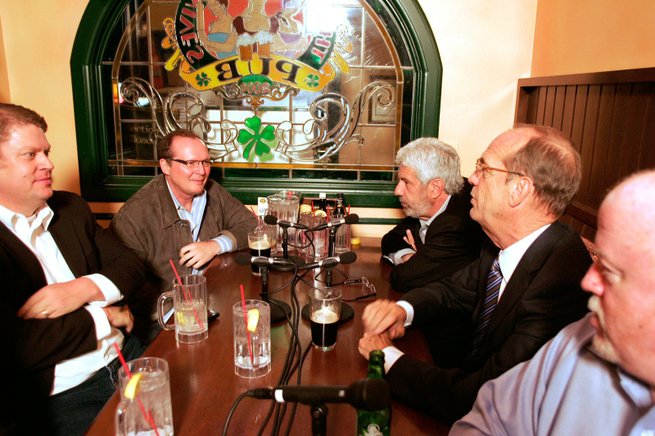 Josh Griffin, clockwise from left, former Republican Assemblyman and lobbyist; Steve Wark, Republican political consultant; Billy Vassiliadis, adviser to the campaign of Barack Obama; Mike Sloan, former state senator, now a gaming consultant; and Dan Hart, political consultant to the state teachers union, talk during a post-election political round table at Three Angry Wives Pub in Summerlin.