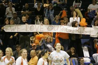 Bishop Gorman fans show their support for the team during the Sunset Regional volleyball match against Durango at Centennial High on Friday.