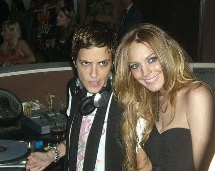 Lindsay Lohan and her partner, Samantha Ronson, at the DJ booth in Pure.
