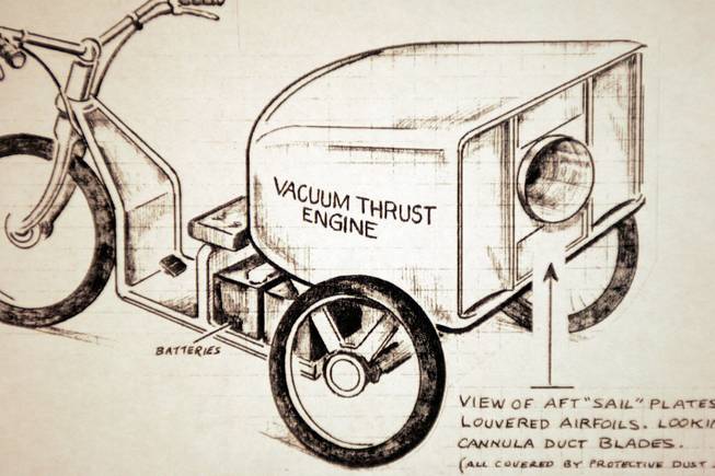 A drawing shows the concept of Fodera's "Vacuum Thrust Engine," which the inventor hopes will be "properly designed and engineered" to power vehicles.