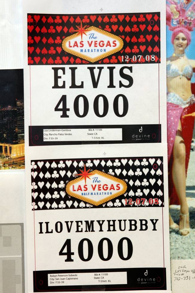 Two bib designs were created for this weekend's marathon. Runners doing the whole 26.2-mile course will wear the top design; the lower design is for those running the half marathon. The starting line is on the Strip. 