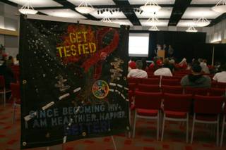 A piece of the World AIDS Day quilt welcomes guests Monday night at UNLV's third annual Fashion with Passion.