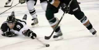 Las Vegas Wranglers' Mike Madill hits the ice to stop a breakaway in this file photo. Madill and the rest of the Wranglers hope to regain their footing after a 1-6-3 road trip in a five-game home stand at the Orleans Arena this weekend.