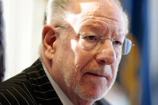 Las Vegas Mayor Oscar Goodman holds a press conference about a letter he wrote to President Obama in his office in downtown Las Vegas Wednesday, Feb. 11, 2009. Mayor Goodman is upset over President Obama's comments that corporate executives from companies getting federal bailout funds shouldn't be going on corporate trips to Las Vegas or events such as the Super Bowl, and felt that the President's comments were hurtful to the convention industry and Las Vegas. 