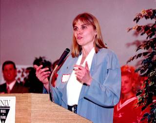 Misty Thomas speaks during the UNLV Hall of Fame induction ceremony. After her playing days in college, Thomas went on to play for Canada's national team and also became an assistant coach for the Rebels. 