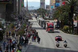 NASCAR car haulers get a police escort as they parade down the Strip Thursday. Racers compete in the 2009 Shelby 427 NASCAR Sprint Cup Series race at the Las Vegas Motor Speedway Sunday.