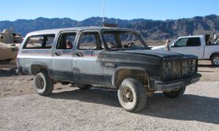 Gutted, remote-controlled SUVs such as this were used at Nellis' testing grounds to develop new systems to allow fighter pilots to effectively strike moving vehicles.
