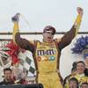 Kyle Busch celebrates winning the Shelby 427 NASCAR Sprint Cup Series race Sunday at the Las Vegas Motor Speedway.
