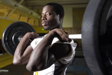 Bonanza High School football player DaSean Martin poses in the Bengals weight room Tuesday, March 2, 2010. 