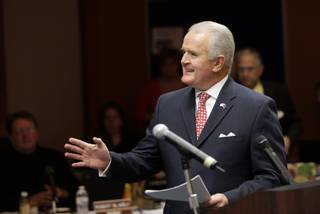 Governor Jim Gibbons arrives to address a regents meeting at the College of Southern Nevada, Charleston campus Thursday, March 3, 2010.