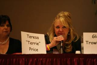Las Vegas City Council Ward 4 candidate Terrie Price responds to a question during a public forum with Sun City Summerlin residents Wednesday at the Desert Vista Social Hall Park.