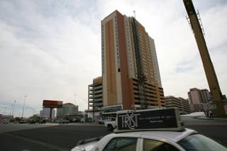 Construction continues at the SpringHill Suites Las Vegas Convention Center Tuesday. The 24-floor building is set to open Aug. 1.
